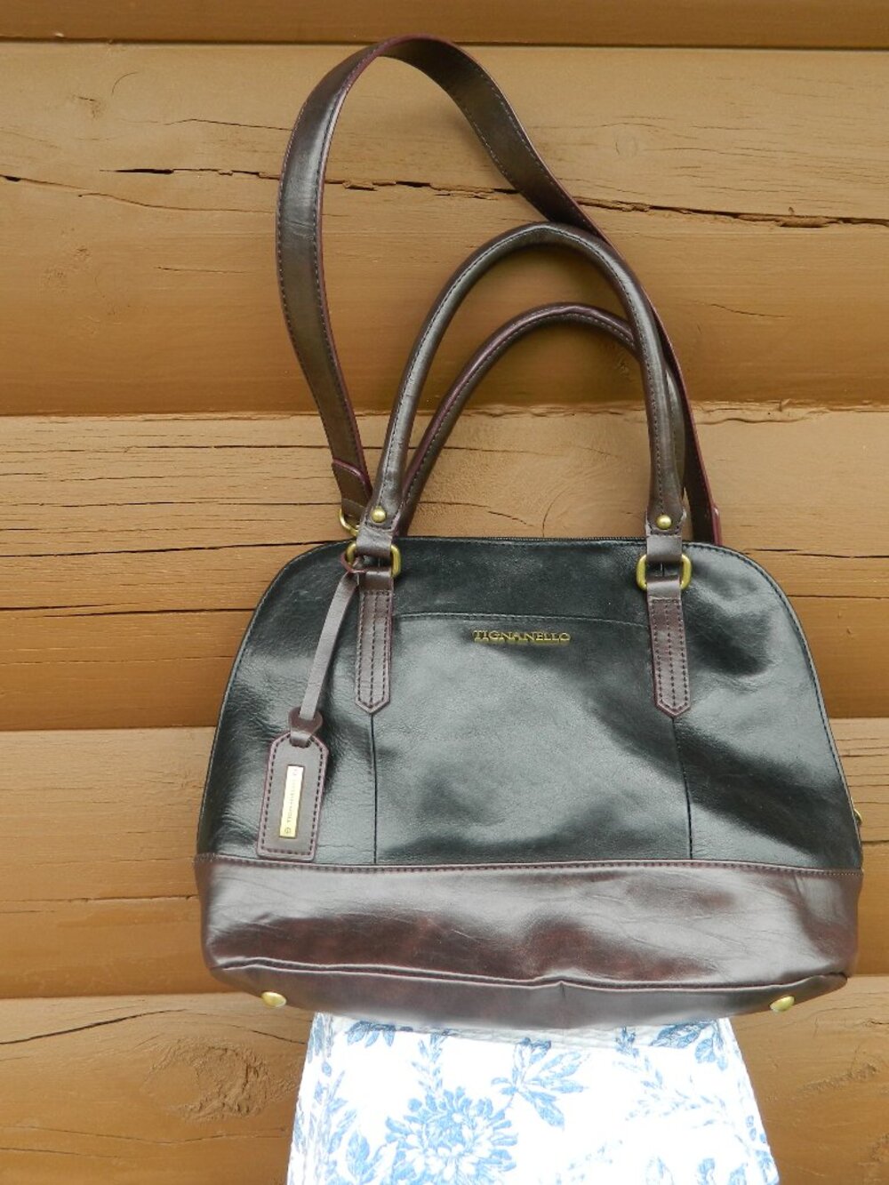 Tignanello Two-Tone Leather Satchel Handbag Brown 14x5x9
